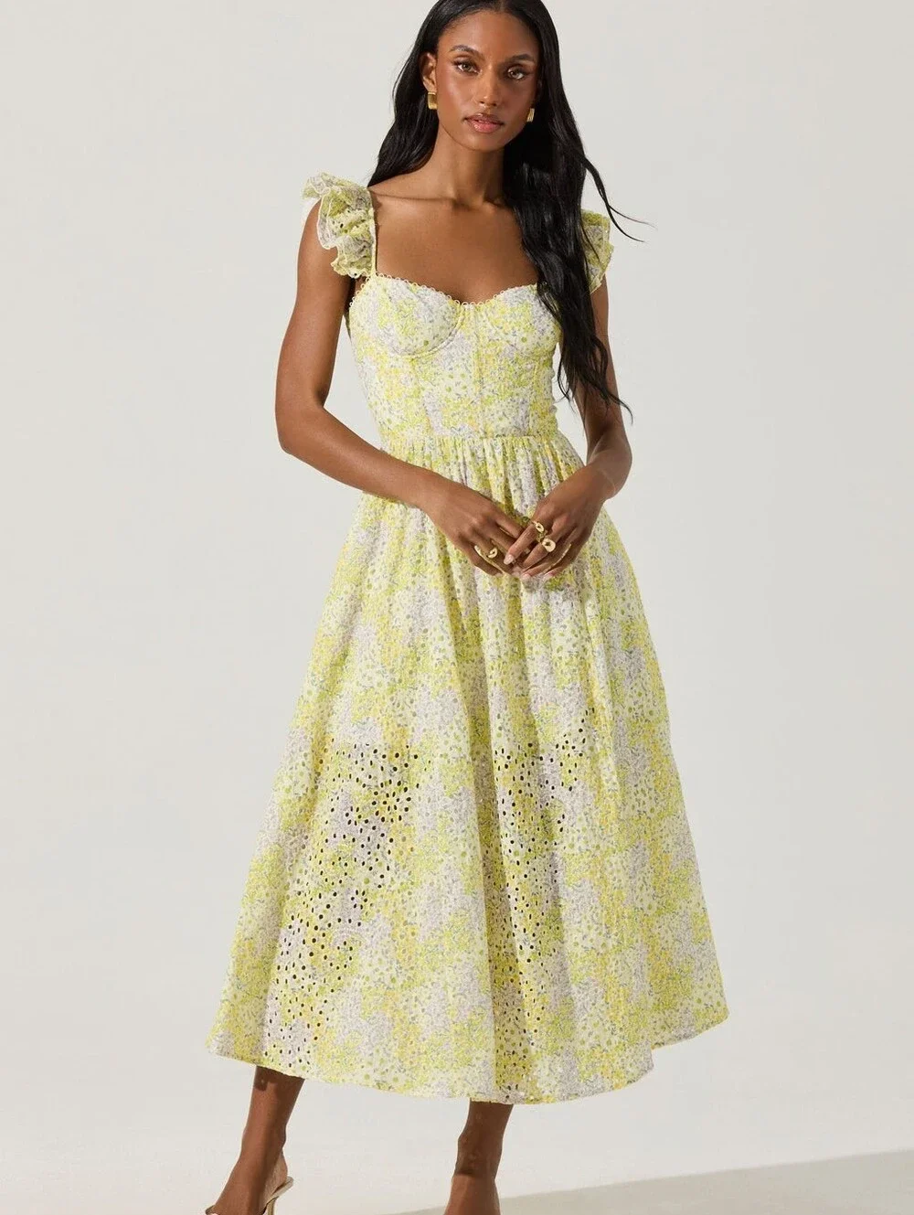 Astr Yellow Floral Eyelet Midi Dress - Picture 4 of 14